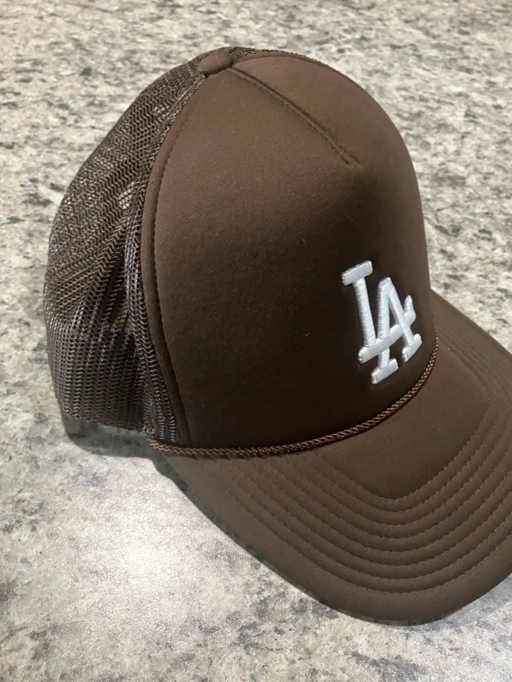 Los Angeles LA Trucker Cap in Brown with White Logo
